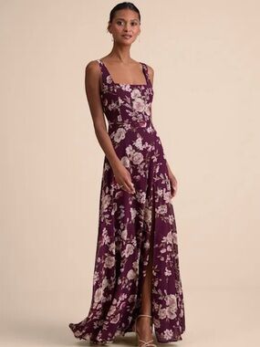 NWT Lulus Plum Floral Square-Neck Maxi Dress with Slit Medium